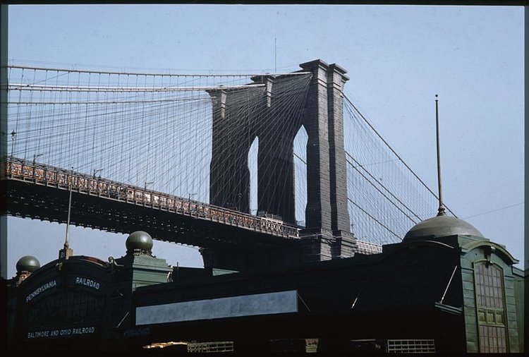 Here's a closer view of the South Street Manhattan tower of the Brooklyn Bridge. The tower, which weighs 90,000 tons, helps support over 14,000 miles of wire.