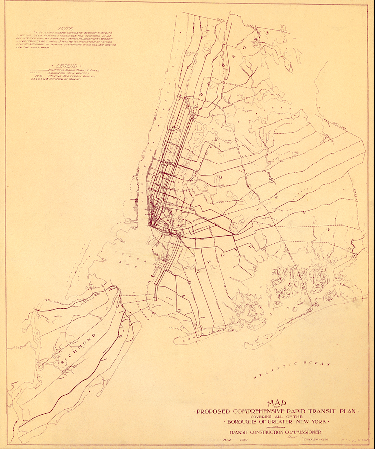 Early days: Map of “Proposed Comprehensive Rapid Transit Plan,” June 1920. (Courtesy of New York Transit Museum)