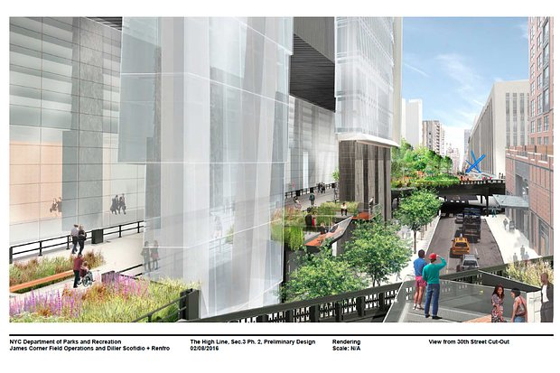 A view of the newly planned section of the High Line, including a passage way that runs underneath a Hudson Yards office tower and leads to a piazza above 10th Avenue.