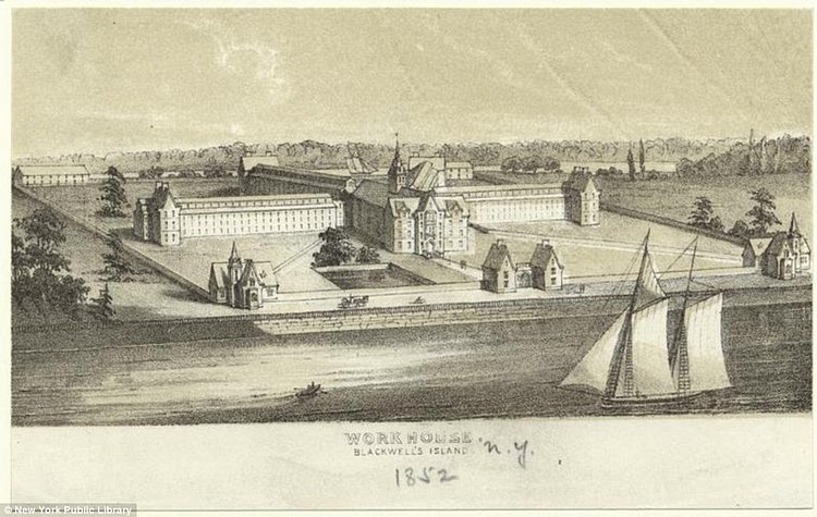 Above, a print of the workhouse on Welfare Island, where prisoners were put to work in jobs like breaking rocks 
