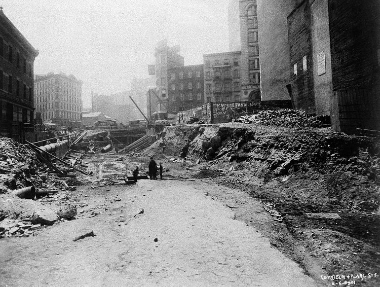 This is excavation at Lafayette Street, then known as Elm Street, near Pearl Street, for New York's subway line, seen May 6, 1901.