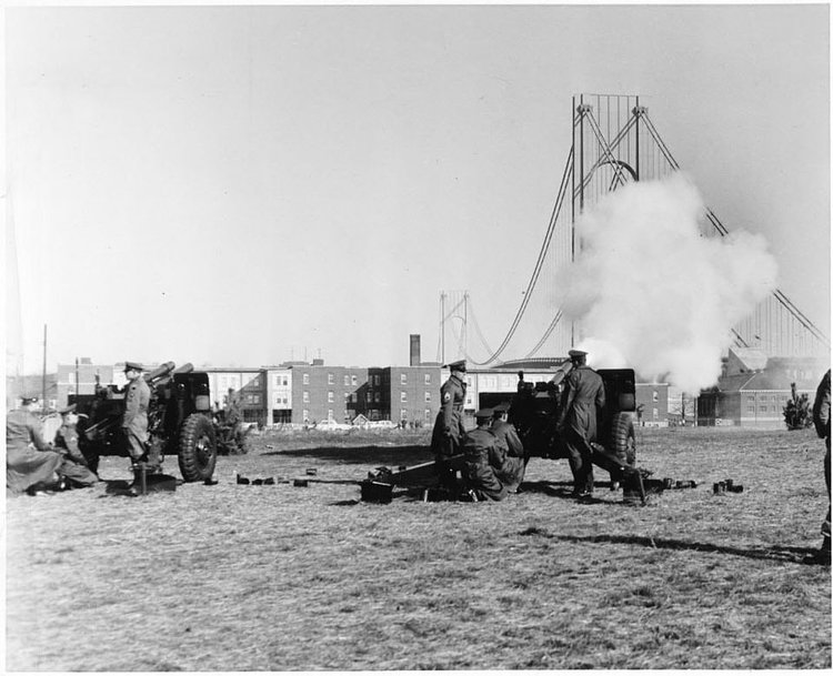 Bridge ceremony with cannons firing at Fort Wadsworth. Photo circa 1964.