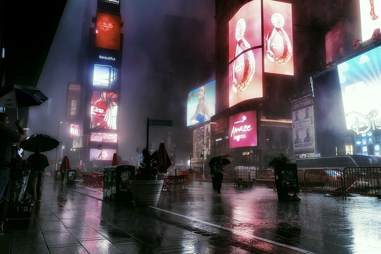 Braving the Storm | Torrential rain, along with thunder and lightning, battered the New York City area today. I was caught in the storm while I was out shooting in Times Square. Although you couldn't tell from the photo, this was in the middle of the afternoon. 
Once the heavy rain started coming down, nearly everyone ran for shelter and I was shocked to see how quickly Times Square emptied out. Rather than go inside with everyone else, I decided to stay out and get some shots of the storm. I'm glad I did! 