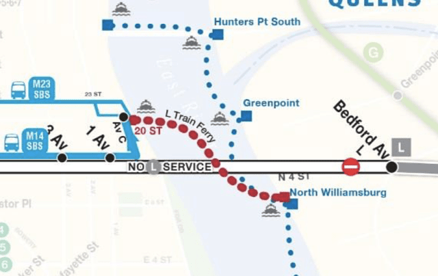 The proposed ferry route between North Williamsburg and Stuyvesant Cove