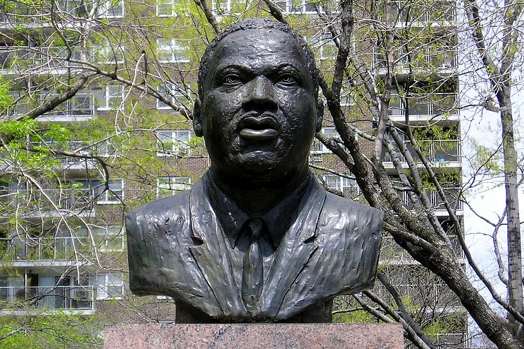 Martin Luther King Bronze Statue (1970) by Stanley Sawyer, Harlem, New York City | Esplanade Garden Houses, West 147 Street, Manhattan NYC