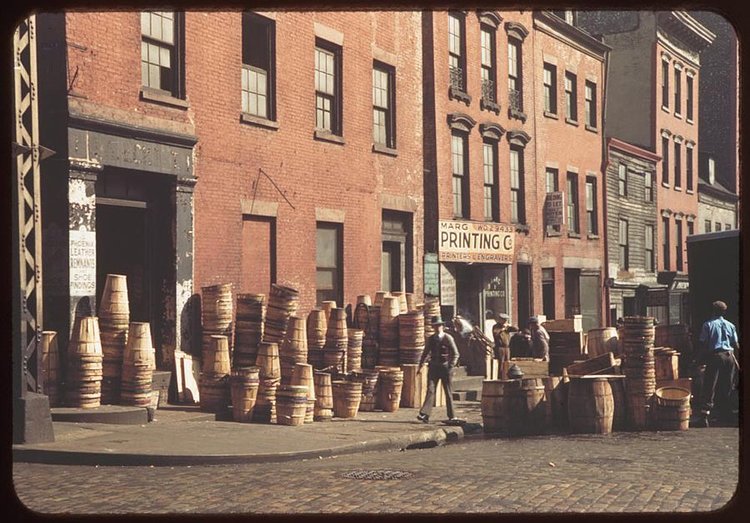 This is a corner on Pearl Street, which runs south through what is now Manhattan's Financial District.