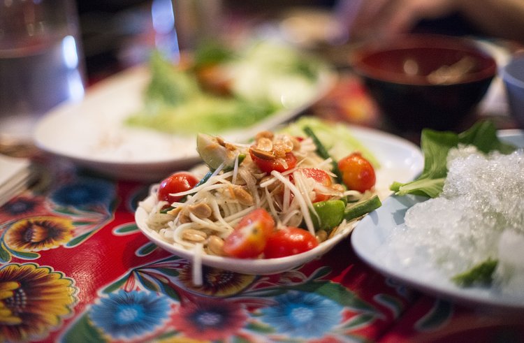 Pok Pok NY - Papaya Salad | <i><b>Papaya Pok Pok</b>
- spicy green papaya salad with tomatoes, long beans, thai chili, lime juice, tamarind, fish sauce, garlic, palm sugar, dried shrimp and peanuts made to order in the pok pok (mortar and pestle). our namesake. needs sticky rice</i>

Good. Nice flavors. Good execution. $11.- 

I have nothing more to say beyond that.
