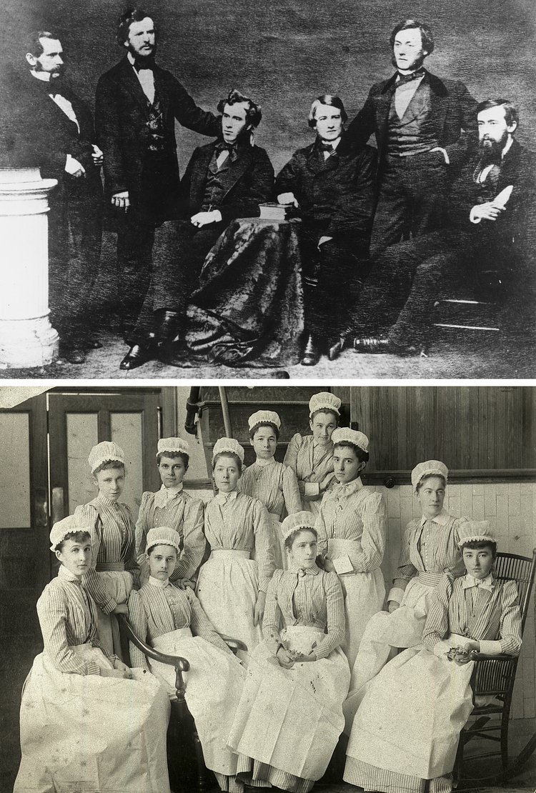 Bellevue's first class of interns, top, circa 1856. At bottom, America's first professional nursing school opened at Bellevue in 1873. Preferring single, literate, religious women from cultivated families, it rejected most applicants on account of "bad breeding."