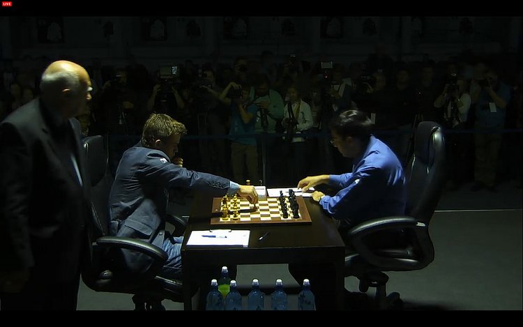 Who said Chess was Boring? | Screen shot (today) of the first move in game 4 from the exciting World Chess Championship in Sochi (Russia)  between Magnus (Norway) Carlsen and Vishy Anand (India)