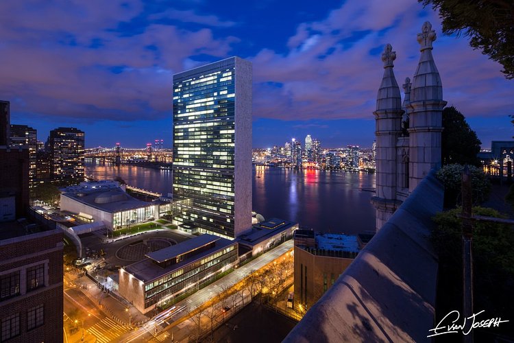 The United Nations building at dusk