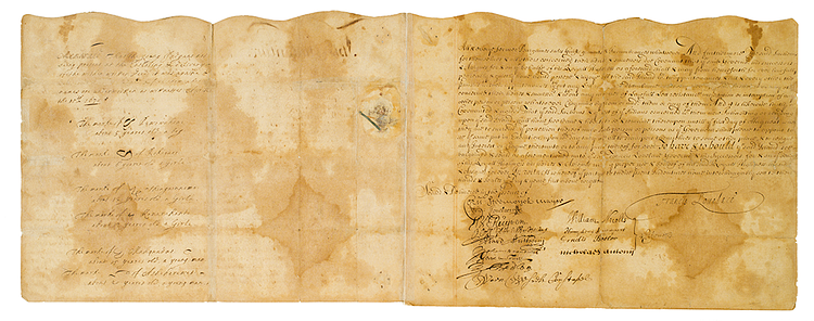 Deed for the purchase of Staten Island from the Munsees on behalf of the Duke of York. Manuscript signed by Gov. Francis Lovelace, on April 13, 1670.