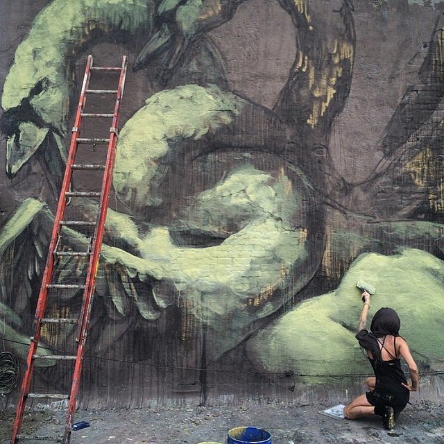 Finishing off wall three #rooftop #thepsychicpowerofanimals #bushwick regram @halopigg #faith47 #daynine Now for #Manhattan... #swanlife