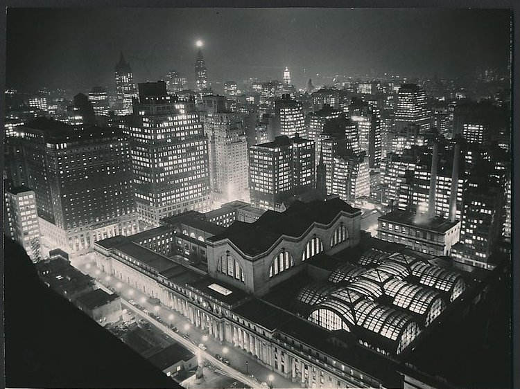 Pennsylvania Station seen at night seen from The New Yorker Hotel January 1941