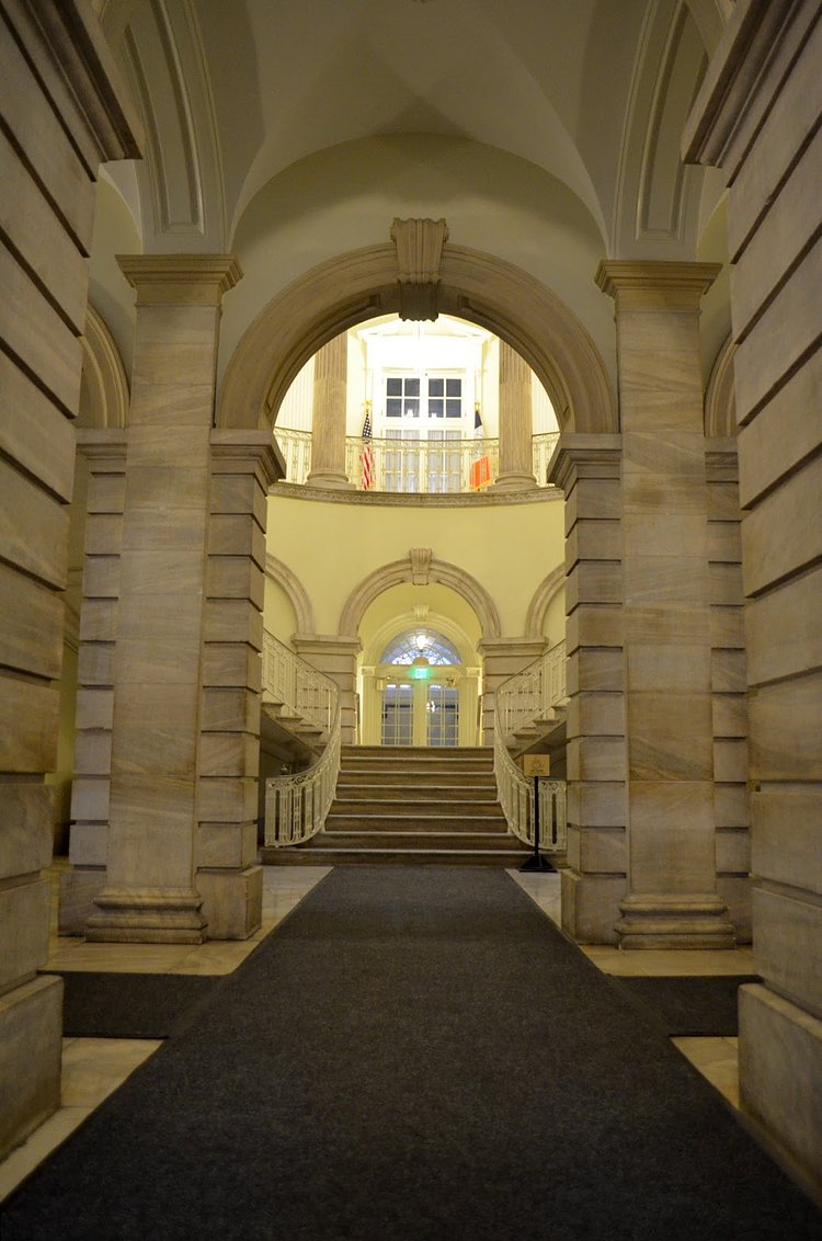 After entering, one will notice the amazing American-Georgian interior design of marble, sandstone, limestone, and painted wood...