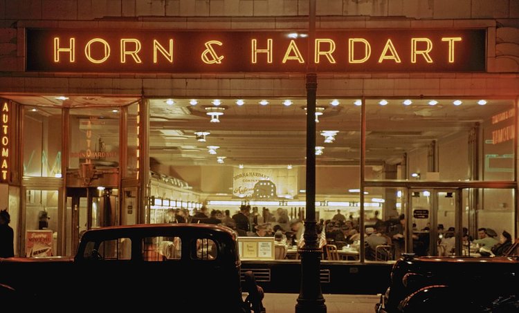 1946 Patrons eating at the "Horn and Hardart" restaurant in the Times Square area at night.