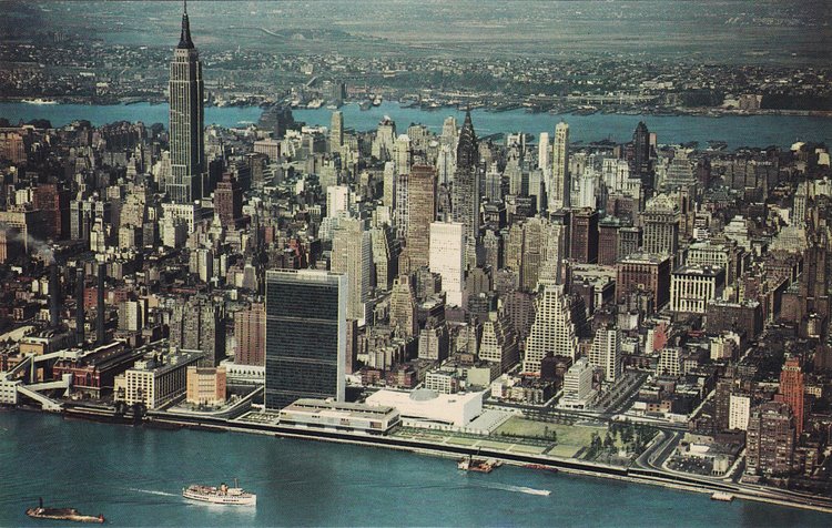 Looking west The United Nations Building on the edge of the East River is in the center.