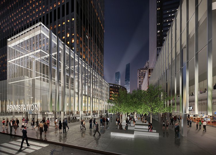 Empire Station Complex: 33rd Street Entrance by Night | Close 33rd Street and use skylights and new entrance to bring natural light to the concourse below. 