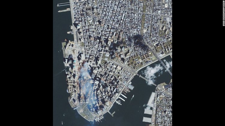 Four days after the September 11 attacks, this satellite image shows the remains of the World Trade Center buildings.