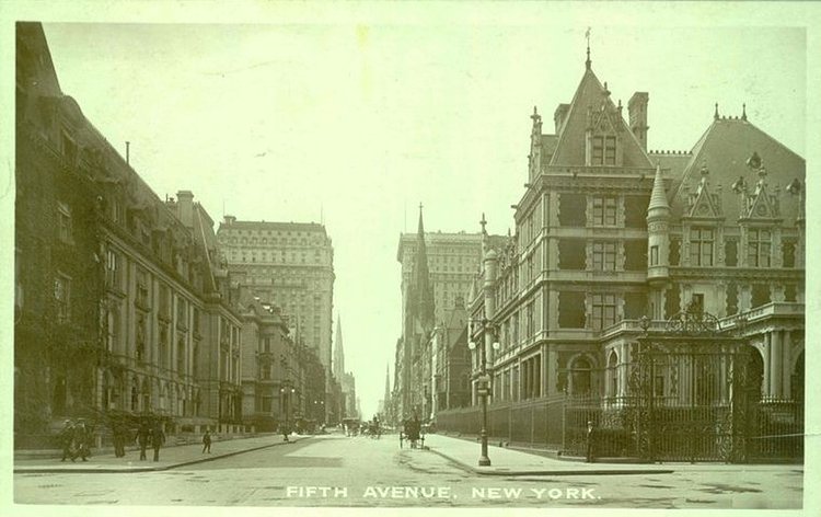 Looking south along Fifth Avenue from 58th Street, the opulence and grandeur of the Cornelius Vanderbilt II mansion can be better viewed in this postcard which shows just a portion of the huge house. Seen here in 1905, Fifth Avenue below Central Park is filled with low profile buildings, mostly mansions and churches. There are two visible exceptions to those low buildings: on the east (left) side of Fifth Avenue and 55th Street, the 18 story St. Regis Hotel, completed in 1904. And directly across the street is the Gotham Hotel, which opened in 1905 and was considered just a tad less prestigious than its cross the street neighbor. In 1979 the Gotham began an eight year $200 million renovation. It was renovated again in 1998 and rechristened as the Peninsula Hotel. In 1916 a single room at the Gotham with shower and bath was $2.50 and a suite of rooms was $12.00. Today a one night stay at the Peninsula starts at $595. That sounds pretty prestigious to me.