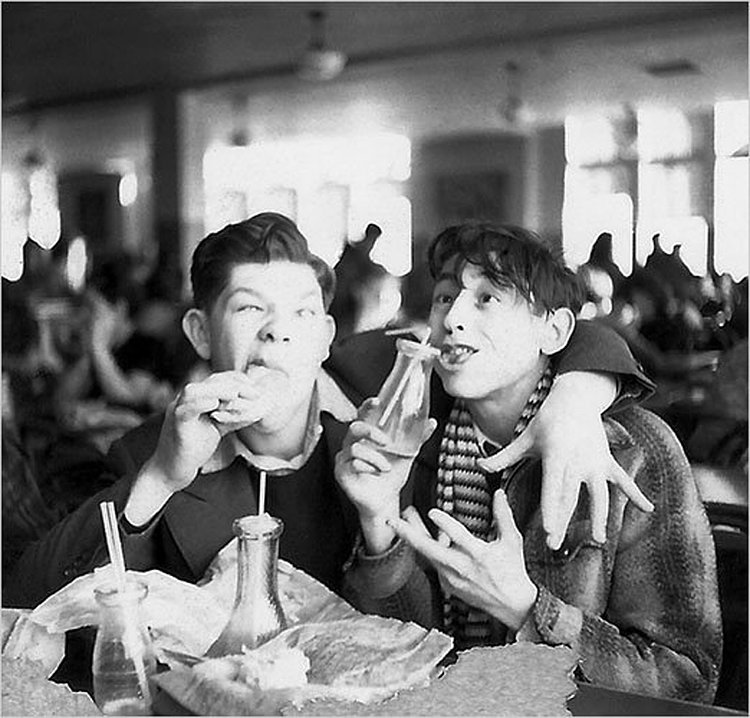 Mad Magazine artists Al Jaffee and Will Elder, in the lunchroom at the High School for Music and Arts in New York City, 1936