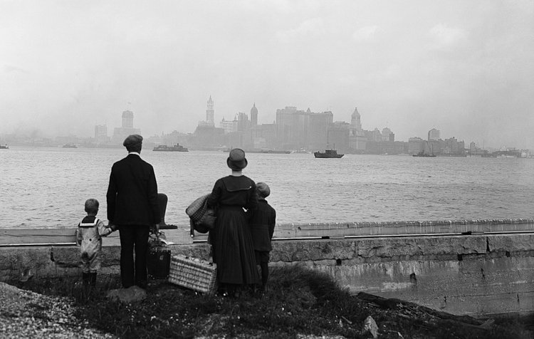 Immigrant Family Viewing New York City from Ellis Island (1925)