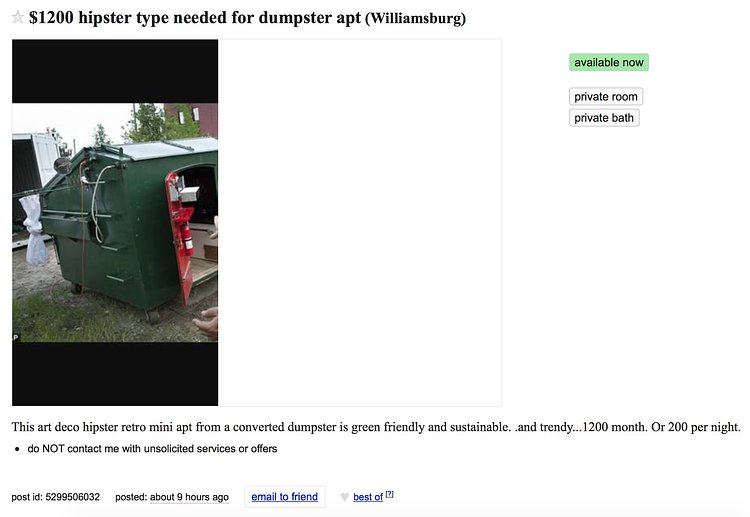 $1200 hipster type needed for dumpster apt (Williamsburg)