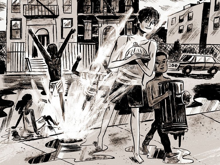 Eagle Avenue and 161st Street, South Bronx, 1975. On a hot summer day, local youths open a fire hydrant, intending to sell the hydrant’s parts for scrap so that they can spend the afternoon at a swimming pool.