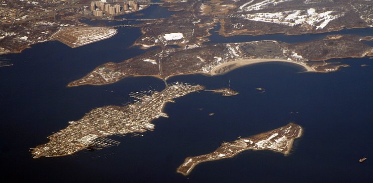 An aerial view of Hart Island (lower right), next to City Island