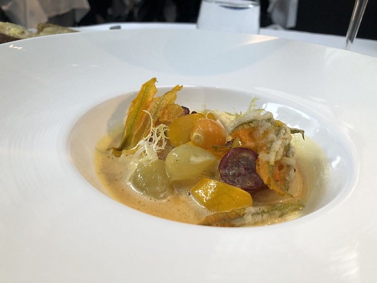 Seared scallop minestrone with summer squash and lemon verbena.