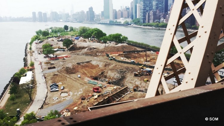 Construction photo showing early earth-moving at the site near the southern end of Roosevelt Island