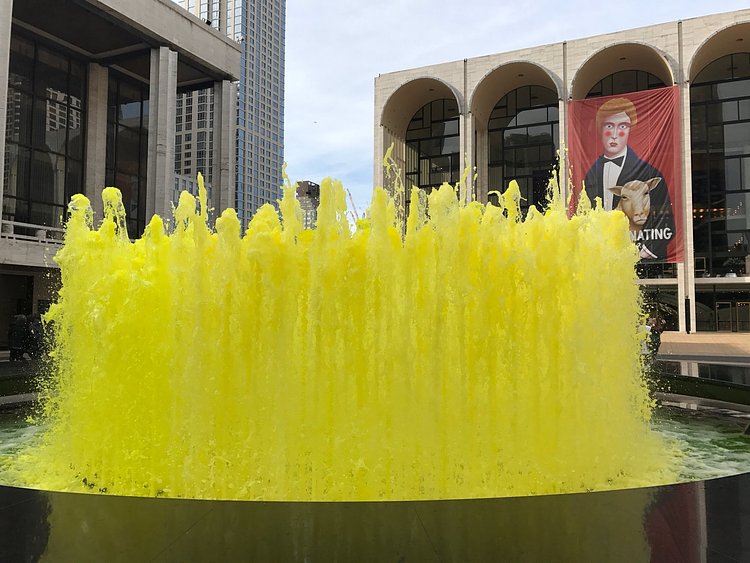 So, apparently the Lincoln Center fountain was mysteriously turned bright yellow. One of their security people told me they’re investigating