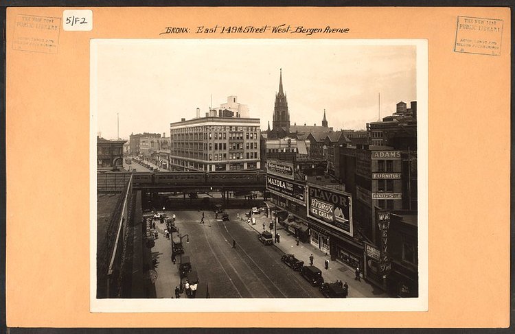Also taken in 1926, this image of 149th Street and The Hub in Melrose looking West with Immaculate Conception Church standing as the tallest structure for miles. / Image Credit: Irma and Paul Milstein Division of United States History, Local History and Genealogy, The New York Public Library. “Bronx: 149th Street (East) – Bergen Avenue” The New York Public Library Digital Collections. 1926.