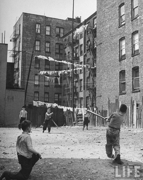 Young boys playing stickball. New York, 1947.