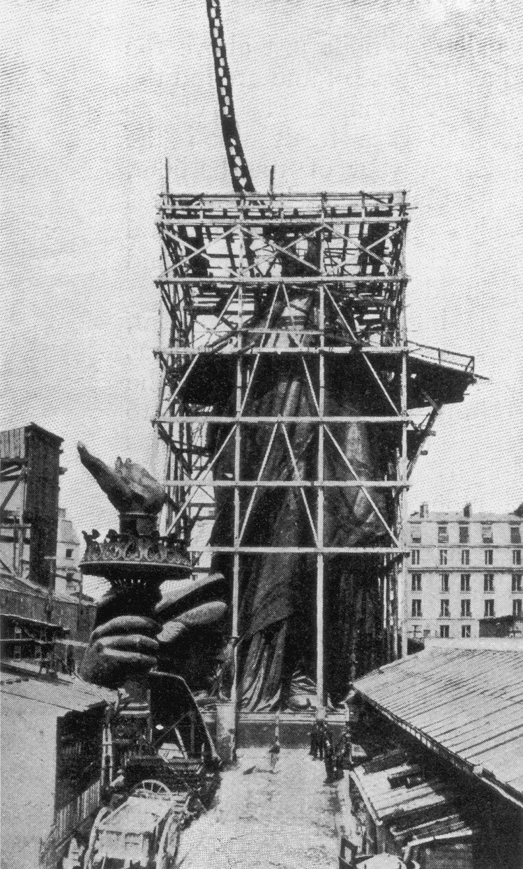 The framework for the right arm of the Statue Of Liberty during construction in Paris, circa 1885.