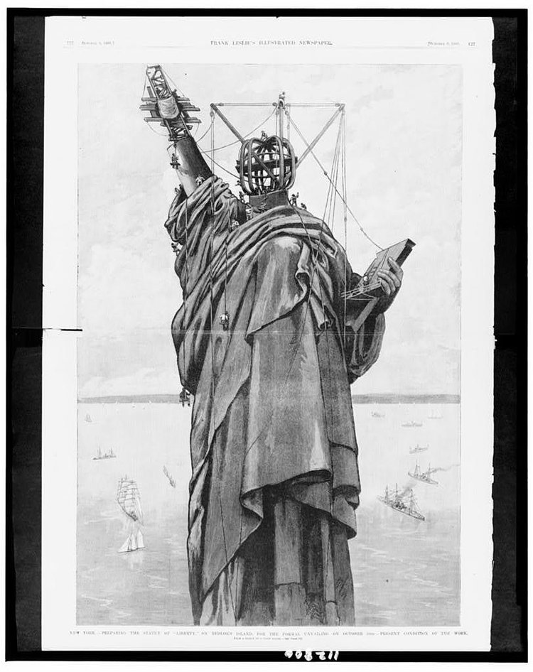 Preparing the Statue of "liberty" on Bedloe's Island, for the formal unvailing [sic] on October 28th - Present condition of the work / from a sketch by a staff artist. 1886.