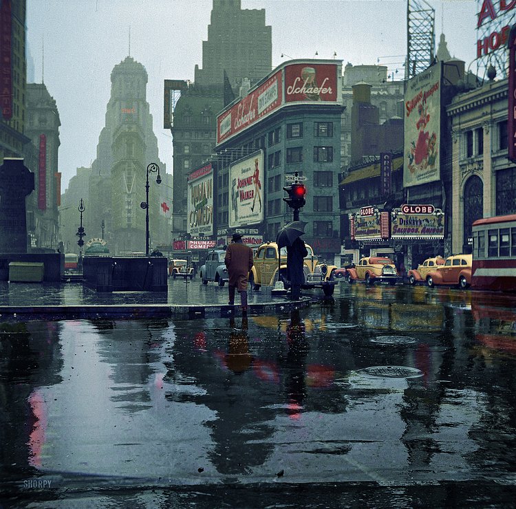 Times Square on a Rainy Day 1943, colorized