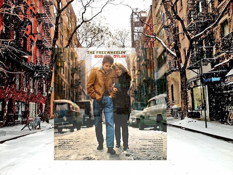 FREEWHEELIN' - BOB DYLAN (1963, Columbia). . .Location: Outside 5 Jones Street near the intersection of West 4th Street, Greenwich Village, New York. . .Photo by Don Hunstein. . .After 2 hours of an indoor photoshoot at Dylan's apartment around the corner at 161 West 4th Street, Hunstein suggested they take some shots outside before the sun went down.. . .Dylan wore a thin suede jacket and his girlfriend Suze Rotolo wore a green Loden coat she had bought in Italy. . .Hunstein  told then to "Walk away from me, then turn around and walk toward the camera," which they did several times. From his one roll of film of them walking through the slushy street, Columbia chose the now iconic cover.