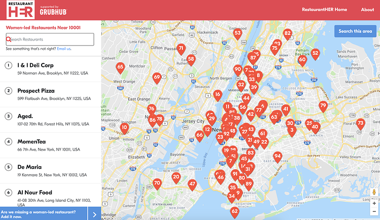 RestaurantHER map of woman-owned restaurants (screenshot)