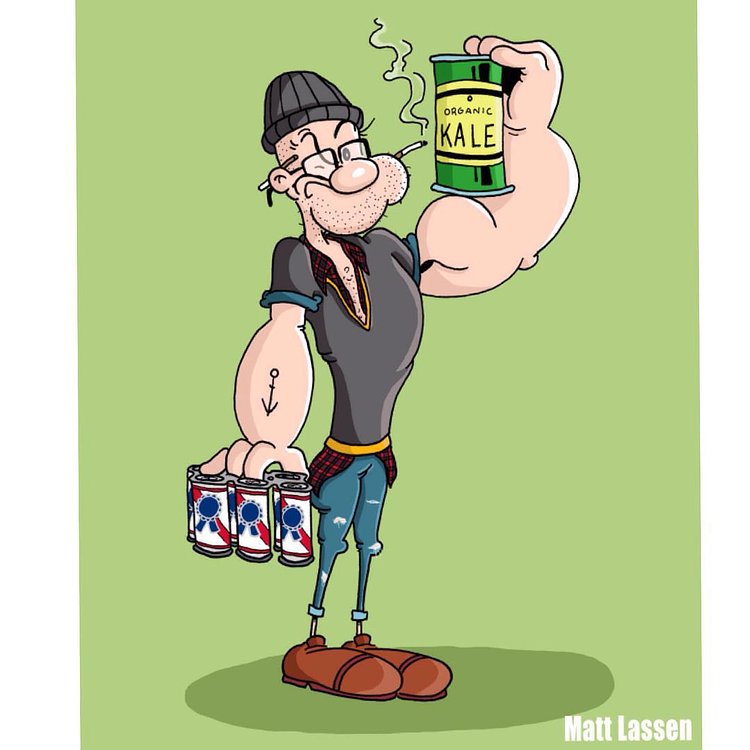 Hipster Popeye (No. 4 in a series) #cartoon #illustration #hipster #kale #art #beanie #pbr #pabstblueribbon #popeye