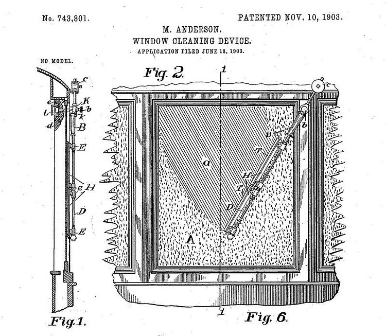 Mary Anderson's illustration of her 1903 patented "window cleaning device." The United States Patent and Trademark Office