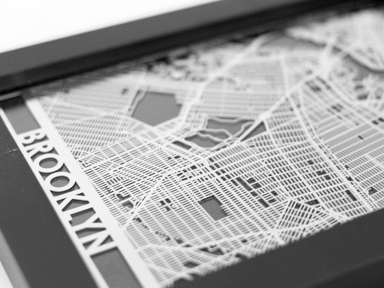 Brooklyn New York Stainless Steel Laser Cut Map - 5x7 Framed