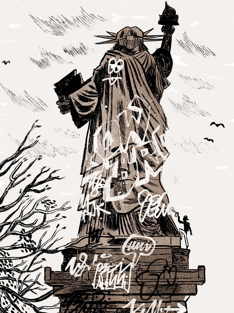 Liberty Island, 1974. A graffiti artist tags the Statue of Liberty, which had fallen into disrepair after being targeted for demolition by contractors aiming to replace Lady Liberty with a forty-eight-foot-wide highway.