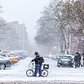 Delivery Rider Pushing a Bike Through Snow on First Avenue, New York, NY, 2015