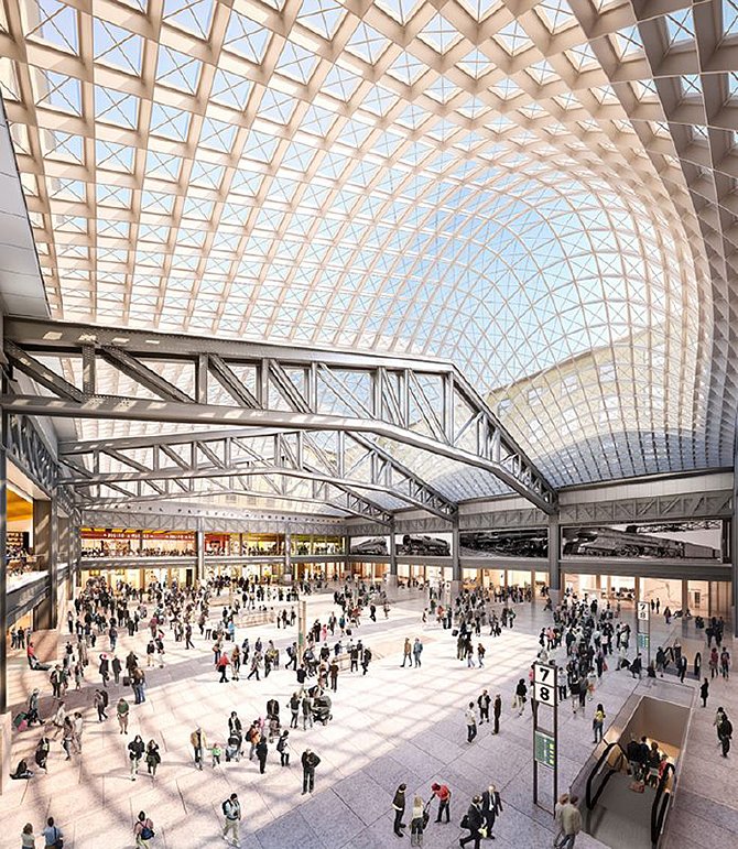Numerous architecture firms have presented pitches for the proposed expansion—among them SOM, whose submission showcases a 486,000-square-foot waiting hall capped with a curved glass roof, attached to a shopping gallery and dining arcade.