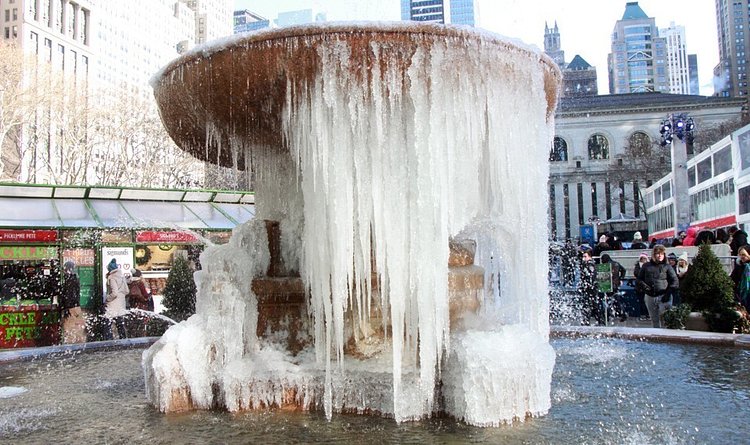 The frozen fountain in New York City's Bryant Park on December 28, 2017