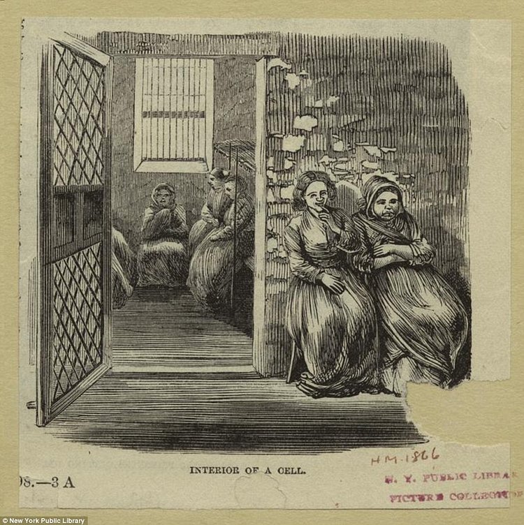 Women are pictured inside a cell on Blackwell's Island in this print released by the New York Public Library 