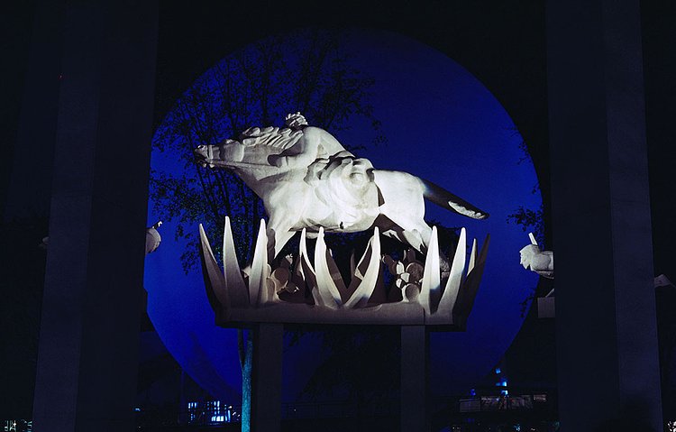 A statue of a Pony Express rider being ambushed by Native Americans, at the American Telephone and Telegraph Pavilion.