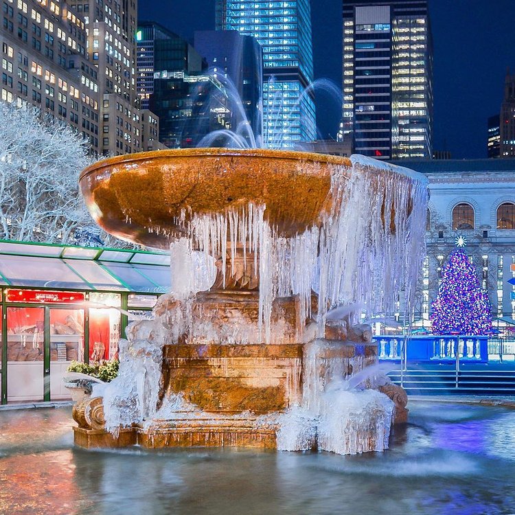Josephine Shaw Lowell Memorial Fountain and the Christmas Tree in Bryant Park