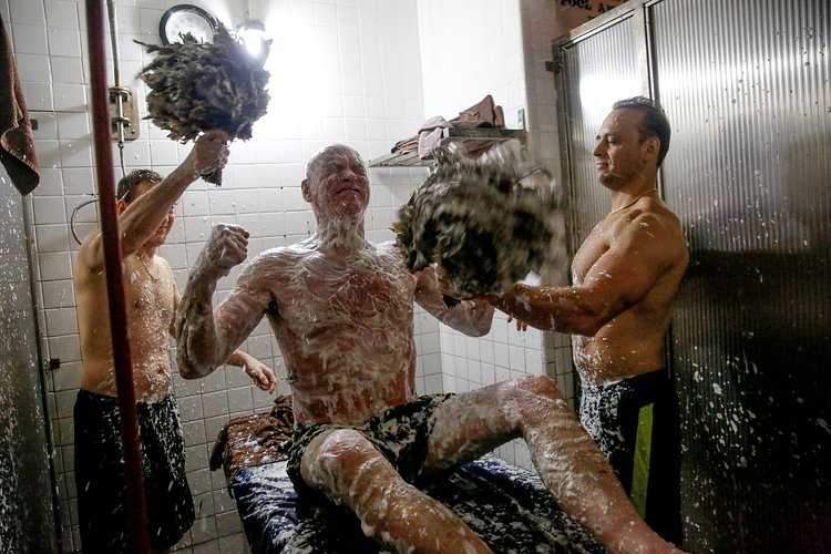 Gary Hope, 48, getting a platza (an oak-branch thrashing).