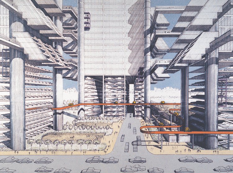 In his 1967 “City Corridor” plan, the architect Paul Rudolph reimagined the neighborhoods around the (also never built) Lower Manhattan Expressway as a “sinew of buildings, bridges, terraces, plazas, overlooks, walkways, people movers, subways, streets, and freeways, all drawn together into one exquisite whole.”